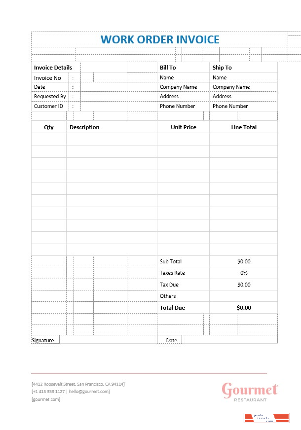 Restaurant Work Order Invoice Template PSD template